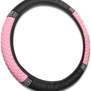 Bling Car Steering Wheel Cover, 15 Inch Rhinestones Soft Leather Elastic Steering Wheel Protector, PU Soft Leather with Crystal Diamond, Sparkly Crystal Diamond for Women Girls (Pink)