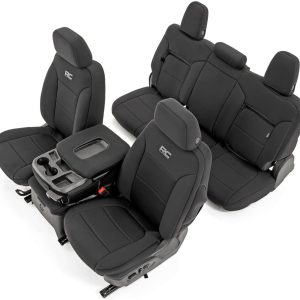 Rough Country Neoprene Seat Covers for Chevy Silverado & GMC Sierra 1500 (2019-2025) w/Rear Seat Storage & Cup Holder – Waterproof & UV Resistant, Foam Padded, Front & Rear Seat Cover Set