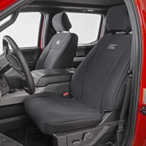 Rough Country Neoprene Seat Covers for Ford F-150 (2015-25), Lightning (2022-24), SuperDuty (2017-25) Crew Cab w/No Rear Arm Rest – Waterproof & UV Resistant, Foam Padded, Front & Rear Set