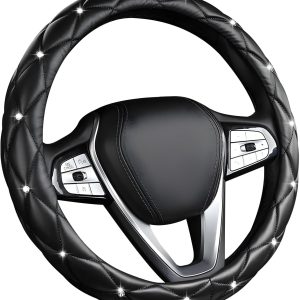 Bling Crystal Steering Wheel Cover, 15 Inch Soft Leather Sparkling Rhinestone Steering Wheel Protector, Universal Anti-Slip Steering Wheel Pad for Women Girls, Car Accessories (Black)