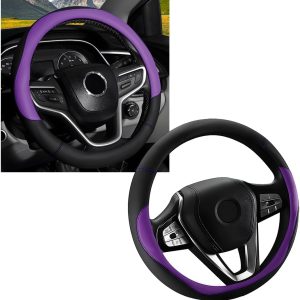Car Steering Wheel Cover, Premium Leather Steering Wheel Protector with Anti-Slip Lining, Universal 15″ Soft Breathable Auto Steering Wheel Cover, Interior Car Accessories (Black&Purple)