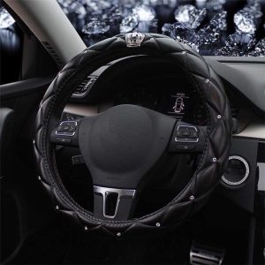 New Diamond+Leather Steering Wheel Cover,Bling Crystal Rhinestones Steering Wheel Cover Universal Fit 15″ Car Wheel Protector for Women Girls (Black Crown)