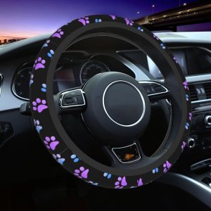 Paw Prints Steering Wheel Cover for Women Men, 15 Inches Purple Galaxy Neoprene Anti-Slip Cute Universal Car Steering Wheel Grip Wrap Car Accessories Protective Case Cover for Vehicle Truck SUV