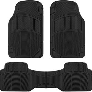 BDK 3-Piece Universal Front & Rear Rubber Floor Mats, Heavy Duty Universal Fit Liners for Cars SUVs Trucks Vans, All Weather Protection Anti-Slip Nibs, Flexible Contours Fits Most Vehicles – Black