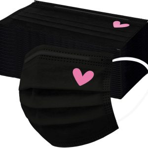 50pcs Cute Disposable Face Masks, Pink And Black Masks with Hearts Printed, 3-Ply Full Face Protection for Women Teen Girls
