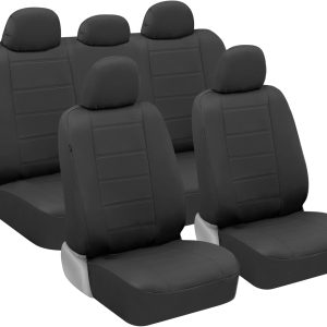 BDK carXS Black Leather Car Seat Covers Full Set, 9-Piece Faux Seat Covers for Cars, Includes Front and Back Seat Cover, Automotive Seat Covers for Trucks SUV