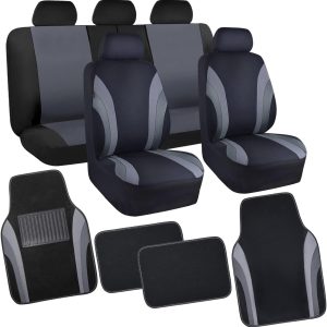 CAR PASS Line Rider Sporty Car Seat Covers Full Set with 4Pcs Waterproof Car Floor Mats Universal Fit Airbag Compatible Automotive Interior Covers for Sedans, Trucks,Vans,SUV (Combo Set, Black & Gray)