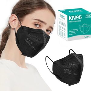 50PCS KN95 Face Masks Black 5 Layer Cup Dust Safety Filter Efficiency≥95% with Elastic Ear Loops and Nose Bridge Clip Breathable Mask