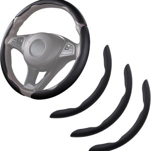 Car Steering Wheel Cover Leather Snap On 3Pcs Steering Wheel Cover Set Non-Slip Protector Wrap Steering Wheel Accessories 14-15 inch Universal Black