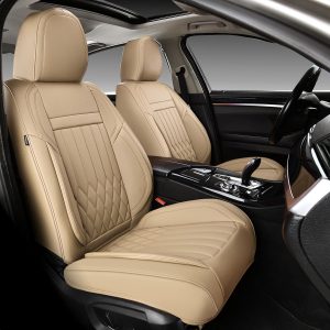 KEYOOG 2-Seater Waterproof and Breathable Nappa Leather Car Seat Covers Full Set, Fit for Front Seats of Cars, Compatible with Airbags, Car Seat Protector Covers for Most Cars – Beige