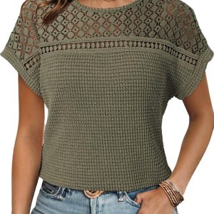 Dokotoo Women’s Tops Casual Scoop Neck Short Sleeve Waffle Knit Hollow Out Shirts Loose Tunic Tops Blouses