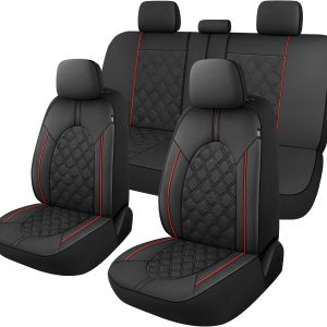 CAROMOP Luxury PU Leather Car Seat Covers Full Set-Waterproof Seat Protectors with Split Bench Seat Covers for Cars-Universal Cars Interior Covers for Sedans, SUVs, Pick-up Trucks (Black/Red Line)