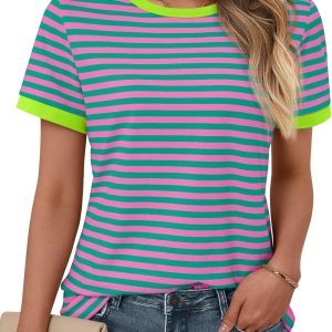 AUTOMET T Shirts for Women Striped Crewneck Casual Basic Summer Tops Short Sleeve Color Block Loose Tee Shirts