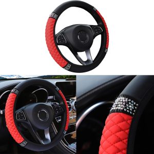 Bling Car Steering Wheel Cover, 15 Inch Rhinestones Soft Leather Elastic Steering Wheel Protector, Sparkly Crystal Diamond for Women Girls, Car Interior Accessories for Most Cars (Red)