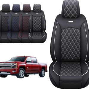 Front Seat Covers Chevy Silverado GMC Sierra Pickup Trail Boss Z71 Custom Fit 2007-2025 1500 2500HD 3500HD Crew Double Extended Cab Waterproof Leather Seat Protectors(2 PCS Front, Black-White)