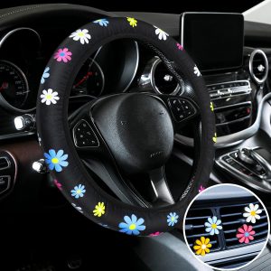 Cute Steering Wheel Cover Flower Steering Wheel Cover Floral for Girls with 4 Pieces Cute Flowers Car Air Vent Clips for Women Girls Car Decorations (Floral Style)