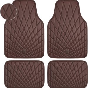 CAR PASS Luxury Faux Leather Floor Mats for Cars, Waterproof All Weather Car Mats Full Set, Anti-Slip Deluxe Automotive Floor Mats Universal Fit for Most SUV Vans Sedans Trucks, 4 Piece Brown