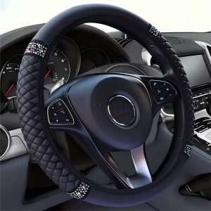 Soft Leather Car Steering Wheel Cover, Universal 15 Inch Colorful Rhinestones Anti-Slip Elastic Steering Wheel Covers for Most Cars, Sparkly Crystal Diamond for Women Girls (Black)