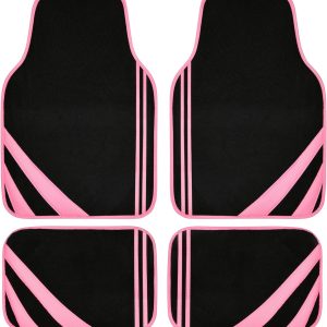 CAR PASS Pink Edge Faux Leather Car Floor Mats Universal Car Carpet Mats with Double Stitch Line Anti-Slip Backing Design, for Cute Girly Women, Fit 95% Automotive,SUVs,Sedan,Vans (Black and Pink)