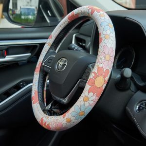 Retro Floral Daisy Colorful Flowers Car Leather Steering Wheel Cover – 15-inch Universal Microfiber- Soft & Breathable & Silicone Anti Slip Auto Steering Wheel Wrap for Women
