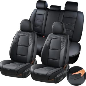 Coverado Car Seat Covers Full Set, 5 Piece Car Seat Protector with Removable Headrest, Nappa Leather Breathable Front Rear Seat Cushion Side All Wrapped Universal Fit Truck Automotive Most Cars Black