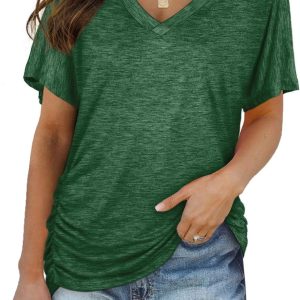 WIHOLL Womens Short Sleeve V Neck Dolman Tops with Side Shirring Loose Fit Shirts