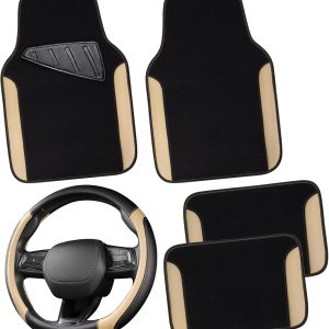 CAR PASS Faux Leather Steering Wheel Cover and Waterproof Car Floor Mats,Universal Car Combo Fit for 95% Sedan,SUV,Cars,14.5-15inch Sporty Anti-Slip Safety Comfortable Design(Black&Beige)