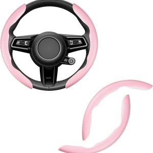 Amiss Car Nappa Leather Steering Wheel Cover, Segmented Steering Wheel Protector, Universal 99% Car Wheel Cover Protector (Pink)