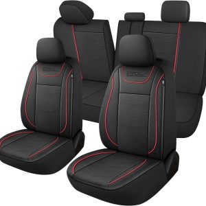 CAROMOP Luxury PU Leather Car Seat Covers Full Set,Waterproof Faux Leather Split Bench Seat Covers for Cars,Universal Car Interior Covers Seat Protectors for Sedans SUVs Pick-up Trucks(Black/Red)