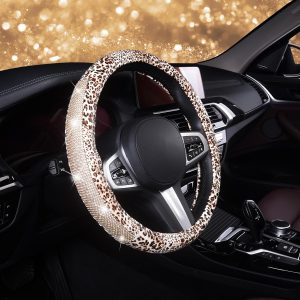 AUTOYOUTH Leopard & Cheetah Print Steering Wheel Cover – Bling Crystal Rhinestones on Leather Non-Slip Breathable Design for Women/Girls Universal Fit 14.5-15 Inch