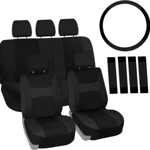 FH Group Full Set Cloth Car Seat Covers, Universal Fit Front and Split Bench Rear, Airbag Compatible, Washable for SUV, Sedan, Van – Black