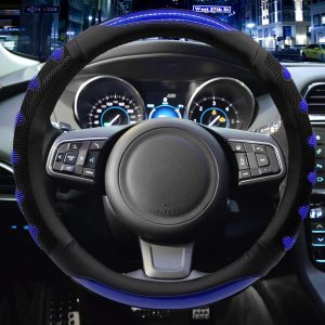 Sport Style Black Leather Steering Wheel Cover with Blue S-Type Design Grip Steering Wheel Accessory,Universal Fit 14.5-15.25 inch Steering Wheel