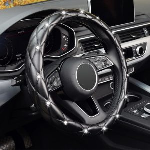 KAFEEK Diamond Soft Leather Steering Wheel Cover with Bling Bling Crystal Rhinestones, Universal 15 inch Anti-Slip, Car Interior Accessories for Women Girls, Black