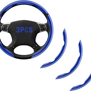 Steering Wheel Covers, 3PCs Carbon Fiber Anti-Skid Clip on Car Steering Wheel Cover Protector Universal for Most Car, Blue