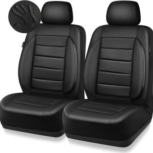 CAR PASS Faux Leather Car Seat Covers Front Seats Only, 3D Foam Support Car Seat Covers, Universal fit for Trucks Vans SUVs Sedans Automotive Comfortable, Airbag Compatible 2 Pieces Front Solid Black