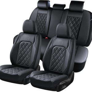 Coverado Car Seat Covers Full Set, Front and Back Seat Covers for Cars, Luxury Faux Leather Waterproof Seat Covers, Black Car Seat Covers, Car Seat Protector Accessories Universal Fit Most Vehicles