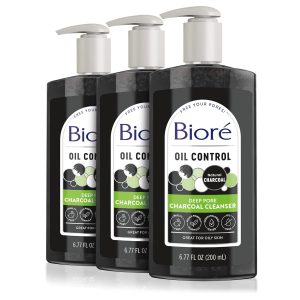 Biore Deep Pore Charcoal Face Wash, Daily Facial Cleanser for Dirt & Makeup Removal, for Oily Skin, 6.77 Oz, Pack of 3