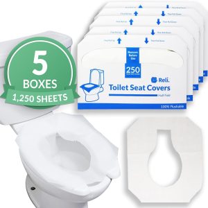 Reli. Toilet Seat Covers (1250 Pcs, 5 Packs of 250) | Disposable Toilet Seat Cover – Flushable – 14×16″ (Half-Fold) | Paper Liners for Restroom, Bathroom, Travel, Camping, Kids Potty Training