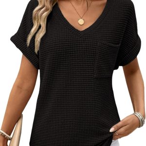 Dokotoo Womens Waffle Knit Tops 2025 Spring Summer V Neck Shirts Casual Trendy Women’s Blouses Basic Tee