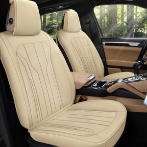 AOOG Leather Car Seat Covers, Leatherette Automotive Seat Covers for Cars SUV Pick-up Truck, Non-Slip Vehicle Car Seat Covers Universal Fit Set for Auto Interior Accessories, Front Pair, Beige