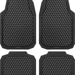 CAR PASS Black Rubber Car Mats, All-Weather Floor Mats Full Set Durable Anti-Slip 3D Rhombus Waterproof Automotive Pad Trim to Fit Liner Universal Fit for Sedan SUV Truck Van, 4 Pcs All Black Rubber