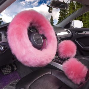Yontree Cute Fluffy Steering Wheel Covers for Women/Girls/Ladies Australia Pure Wool Universal 15 Inch1 Set 3 Pcs (Pink)