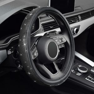 KAFEEK Diamond Leather Steering Wheel Cover with Bling Bling Crystal Glitter Rhinestones, Universal 15 inch, Car Accessories for Women Girl, Black Microfiber Leather Black Diamond