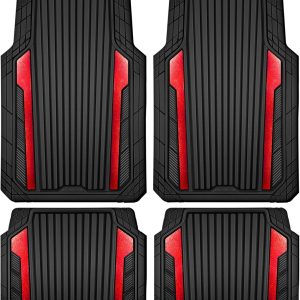 CAR PASS Heavy Duty Rubber Car Mats Metallic, Aluminum Film All Weather Floor Mats Waterproof Universal Trim to Fit Automotive SUV Sedan Van 4 Piece Anodized Deep Dish Two-Tone Sporty Black Red Chrome