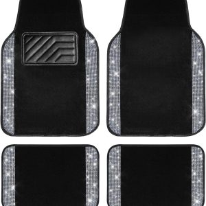 CAR PASS Bling Diamond Car Floor Mats, Shining Rhinestone Carpet Sparkly Glitter Crystal with Anti-Slip PVC Heel Pad Waterproof Universal Fit Automotive SUV,Sedan,Van,Cute Girl Women,4pcs Black Sliver