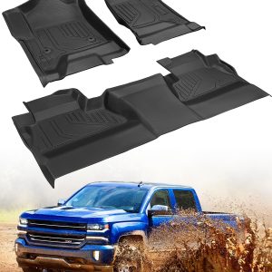 3 PCS CreekT All Weather Floor Mats for Chevy Silverado Crew Cab & for GMC Sierra 1500 2014-2018; 2500/3500 HD 2015-2019 Crew Cab, Waterproof TPE Rubber OEM Car Floor mats