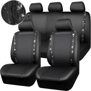 CAR PASS Diamond Leather Bling Car Seat Covers Full Set, Shining Rhinestone Waterproof Durable Rear with Zipper, Universal Fit Automotive Glitter Crystal Sparkle Strip for Cute Women Girly Black