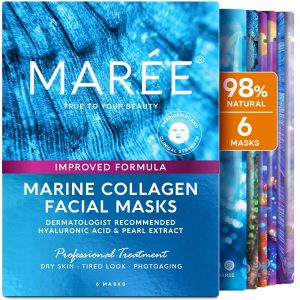 MAREE Collagen Facial Mask with Hyaluronic Acid – Hydrating Face Masks Skincare – Mascarillas Faciales For Women Skin Care – Multicolor, 6 Count