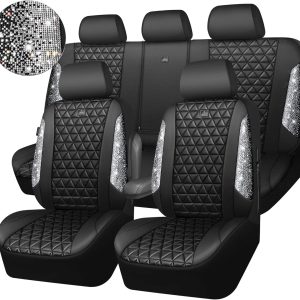 CAR PASS Bling Diamond Leather Car Seat Covers Full Seats Interior Sets, Waterproof Shining Glitter Sparkly Crystal Universal Armrest Fit Automotive Truck SUV Cute Women Girl, Black Silver Rhinestone