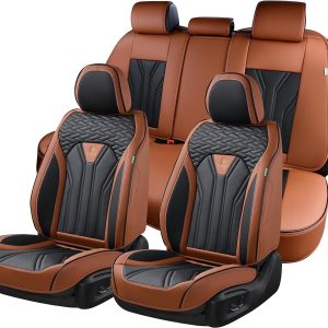 FLORICH Leather Seat Covers, Seat Covers Full Set, Car Seat Protectors 5 Seats,Automotive Seat Covers Fit for Most Cars Trucks-Brown&Black